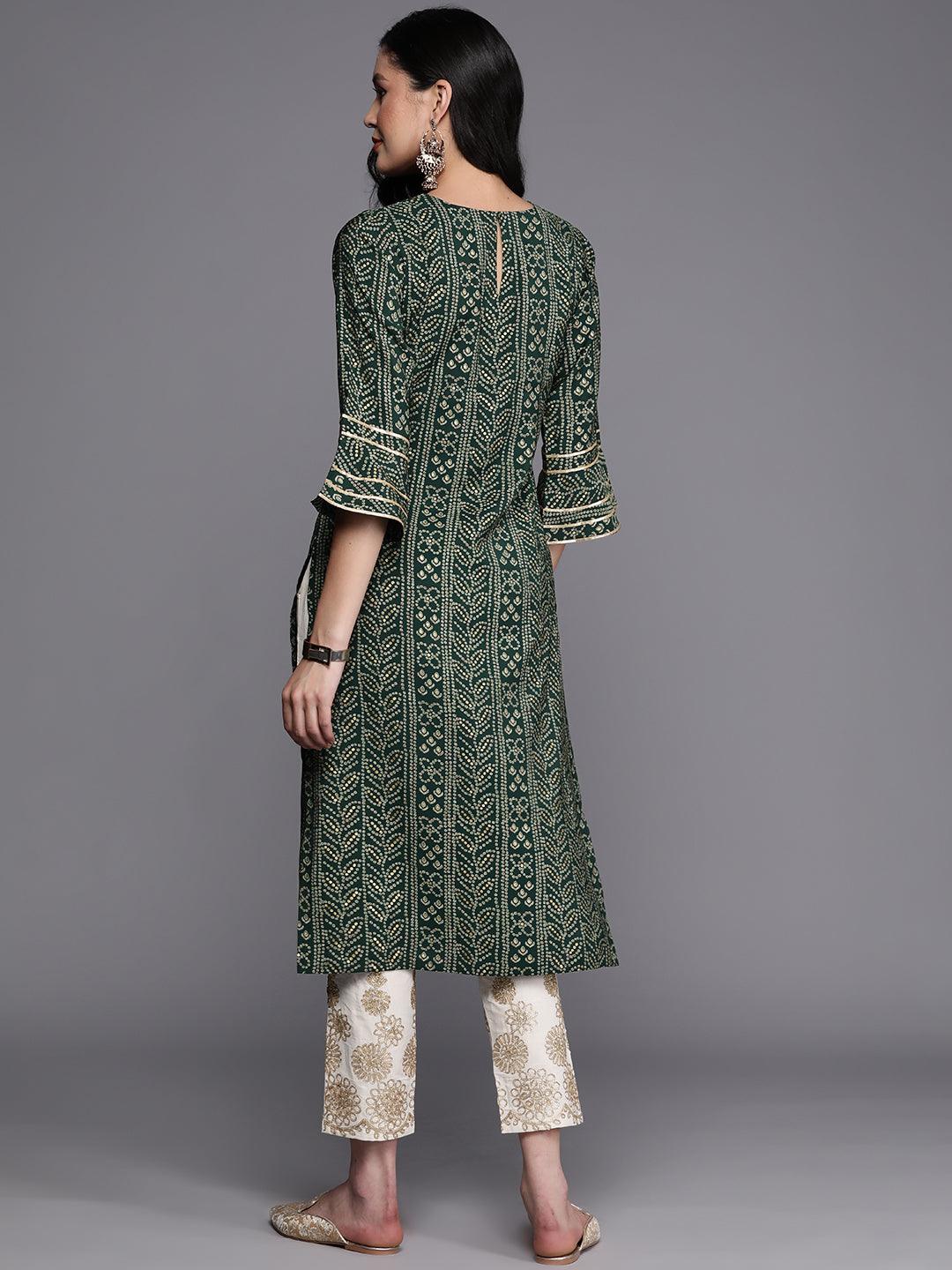 Green Printed Silk Straight Kurta - Libas 