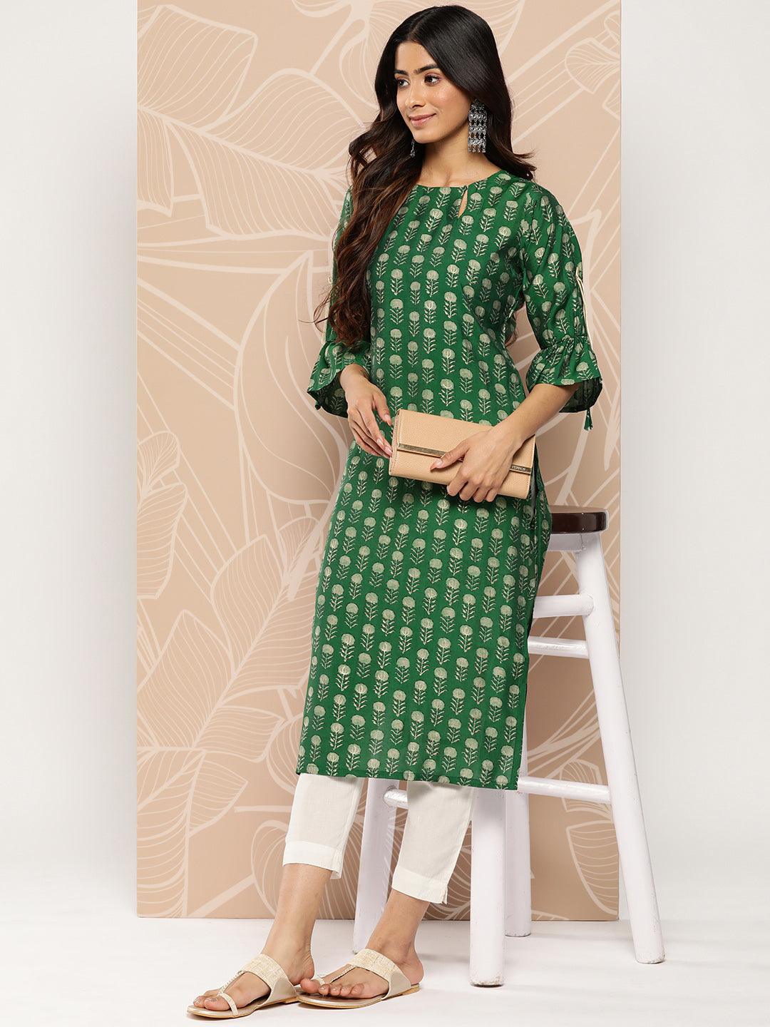 Green Printed Silk Straight Kurta - Libas