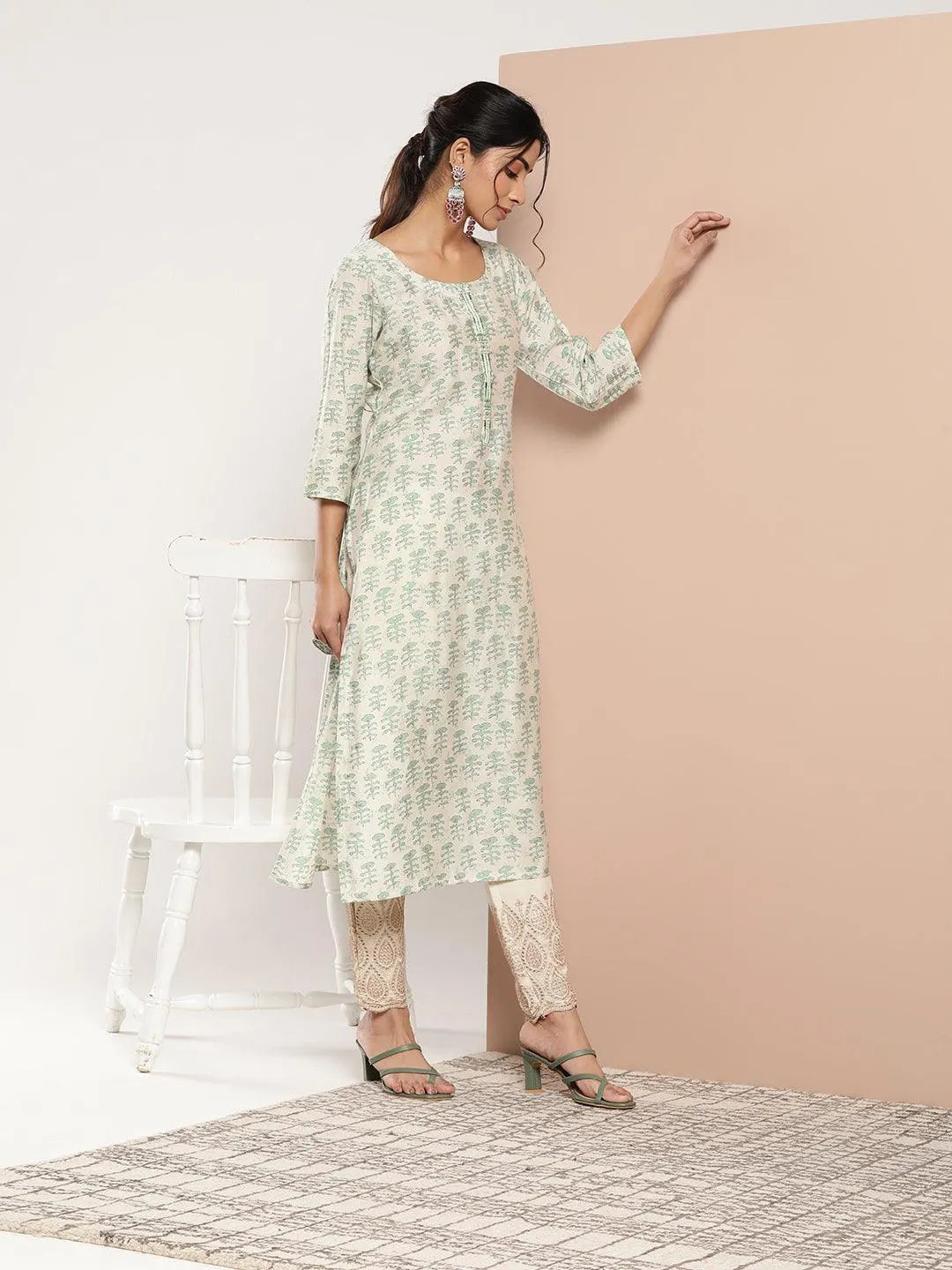 Green Printed Silk Straight Kurta - Libas 