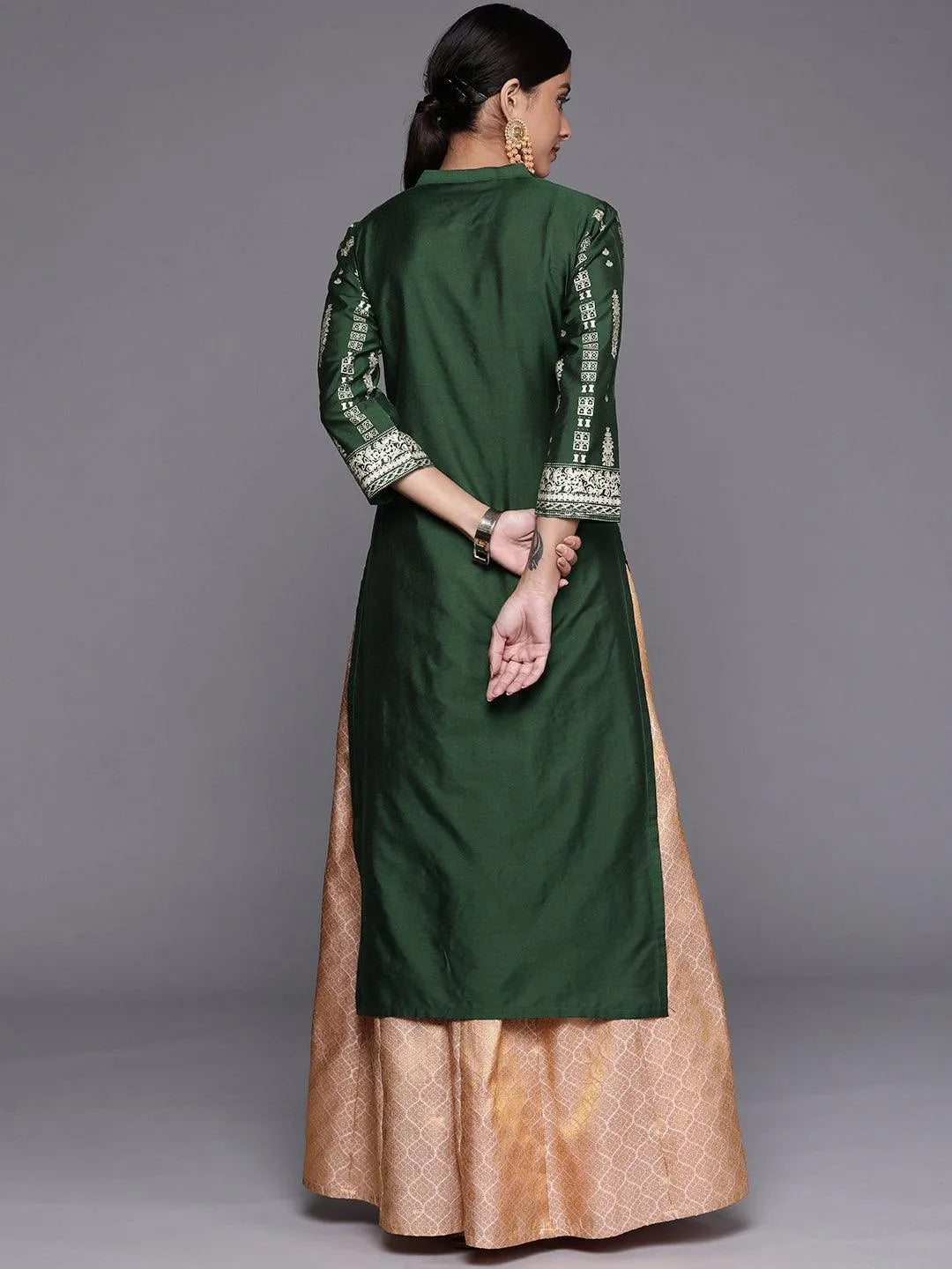 Green Printed Silk Straight Kurta - Libas 