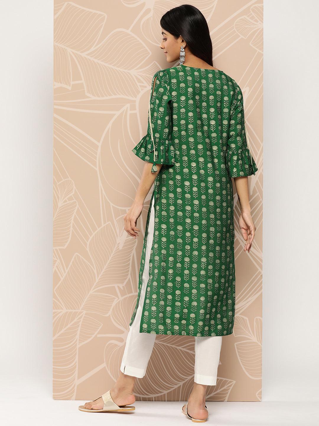 Green Printed Silk Straight Kurta - Libas 