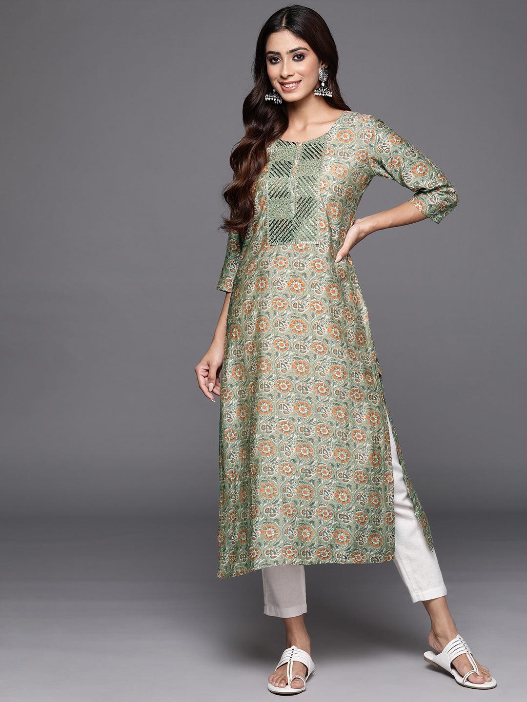 Green Printed Silk Straight Kurta - Libas