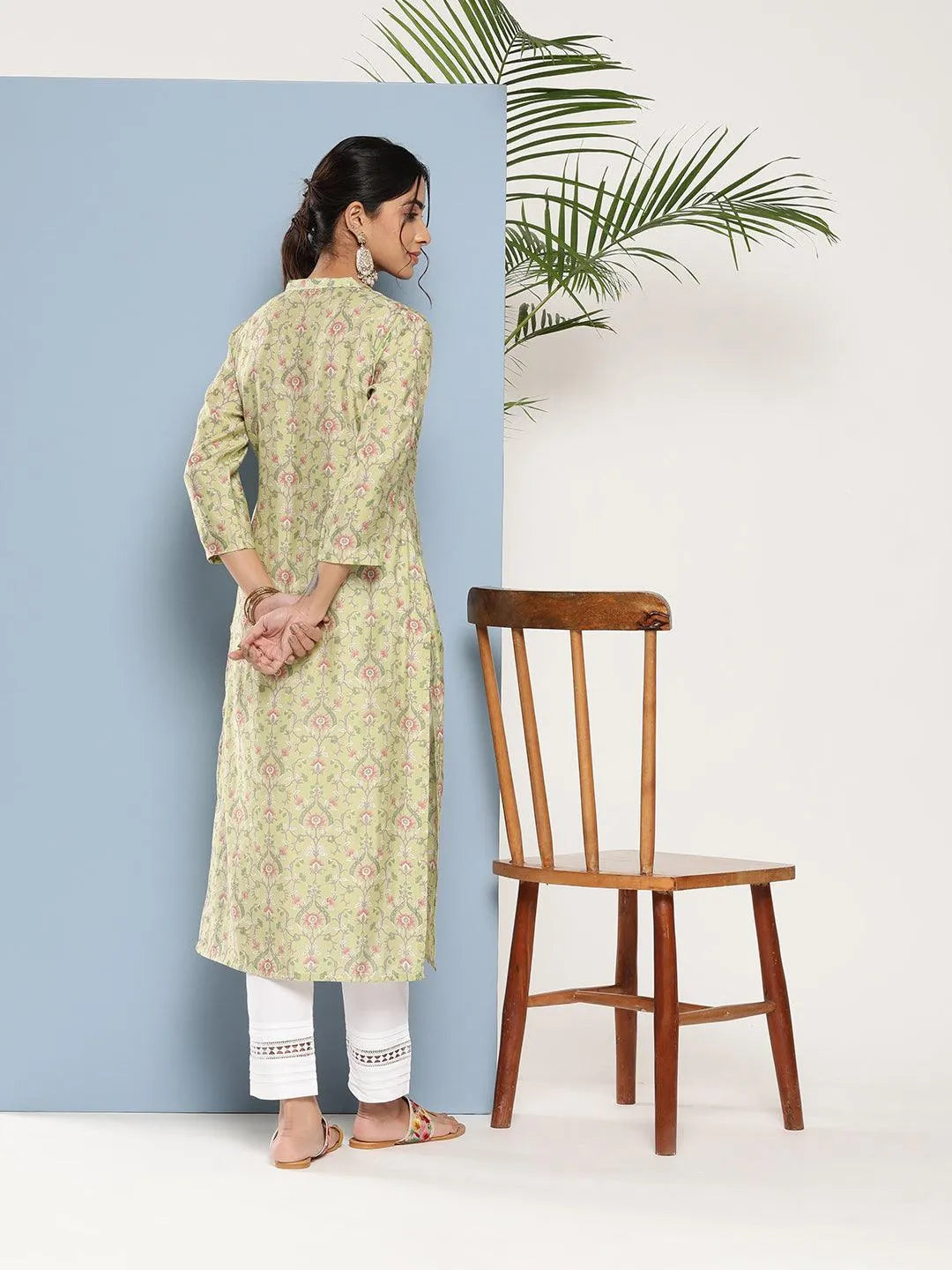 Green Printed Silk Straight Kurta - Libas 