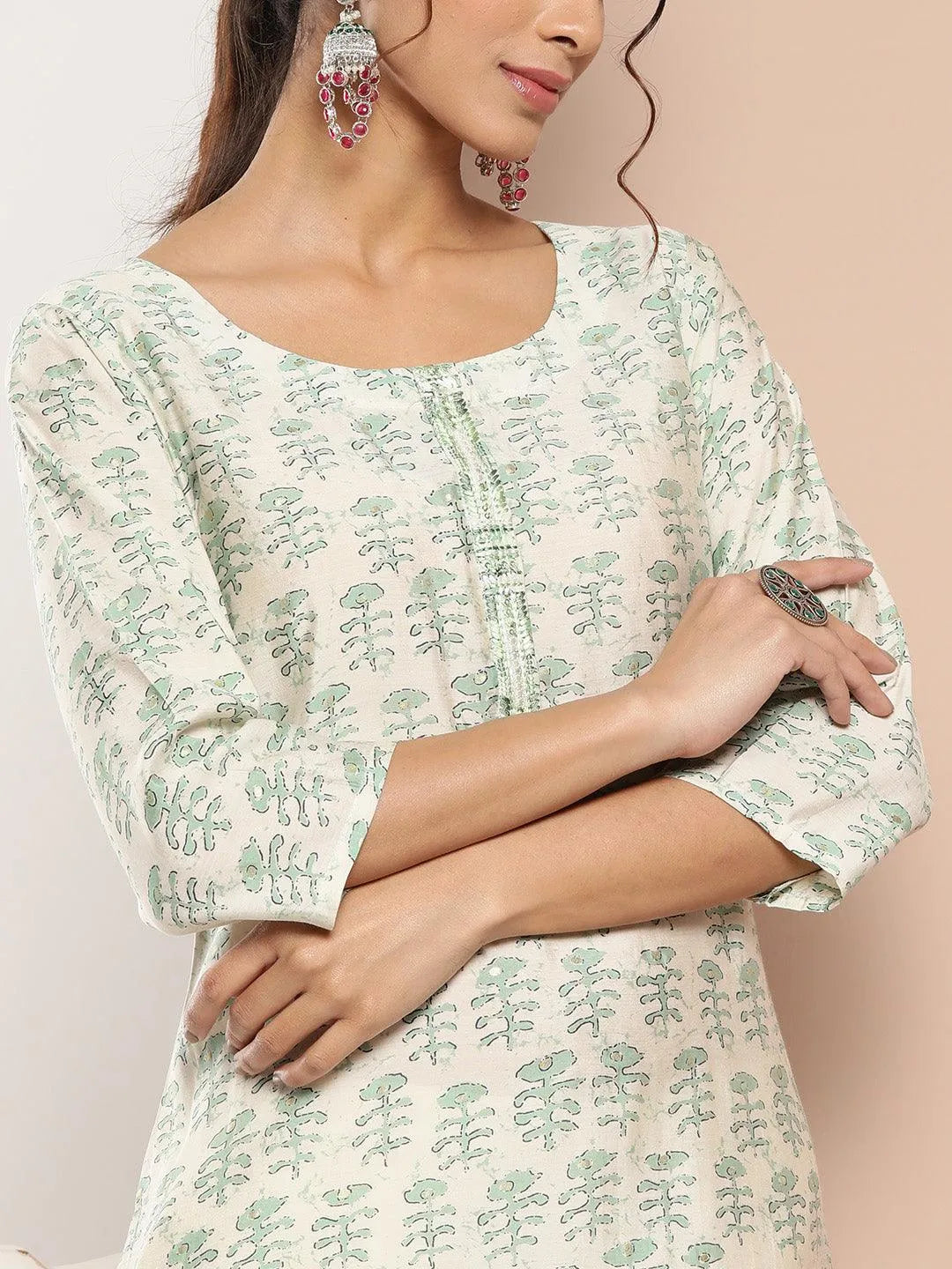 Green Printed Silk Straight Kurta - Libas 