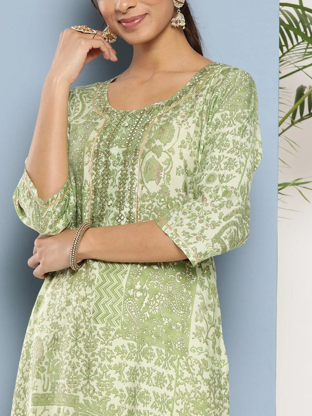 Green Printed Silk Straight Kurta - Libas 