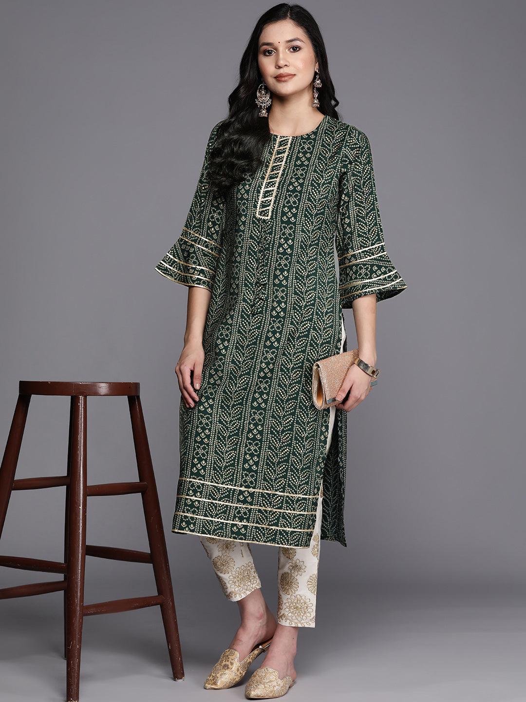 Green Printed Silk Straight Kurta - Libas 