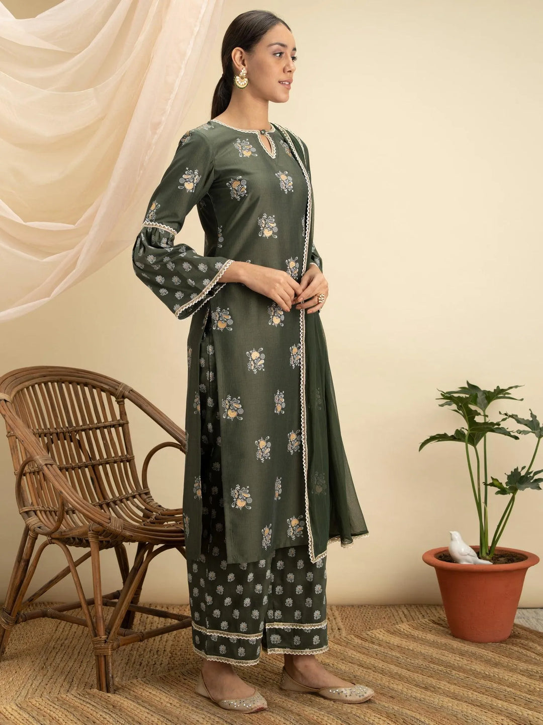 Green Printed Silk Straight Suit Set - Libas