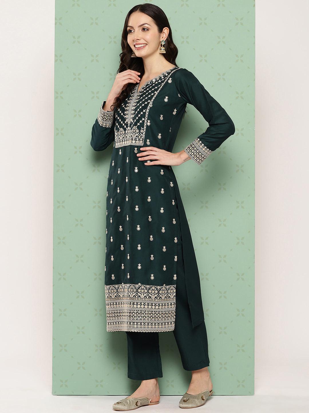 Green Printed Silk Straight Kurta With Trousers & Dupatta - Libas