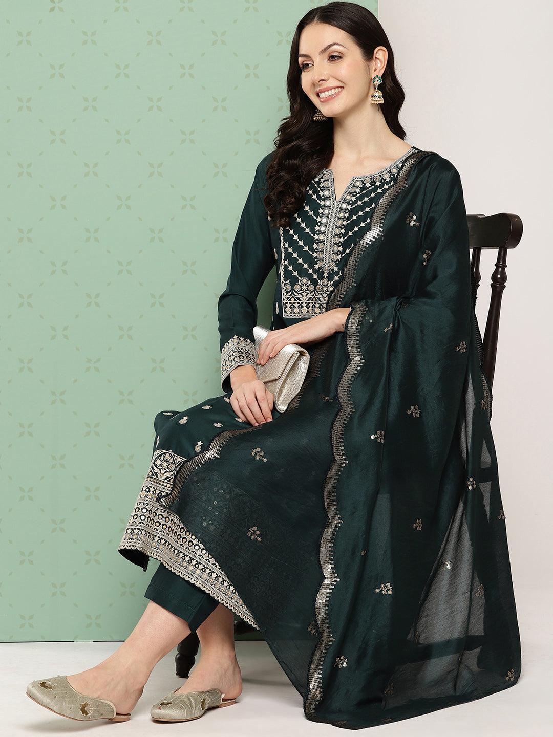 Green Printed Silk Straight Kurta With Trousers & Dupatta - Libas