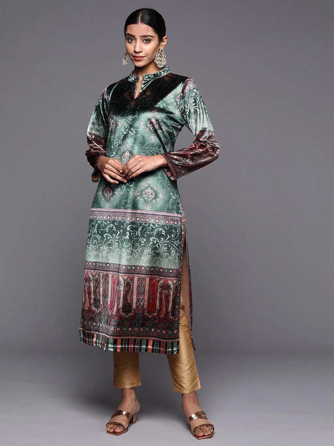 Green Printed Velvet Straight Kurta - Libas 