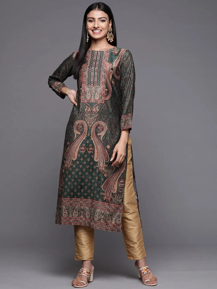 Green Printed Velvet Straight Kurta - Libas