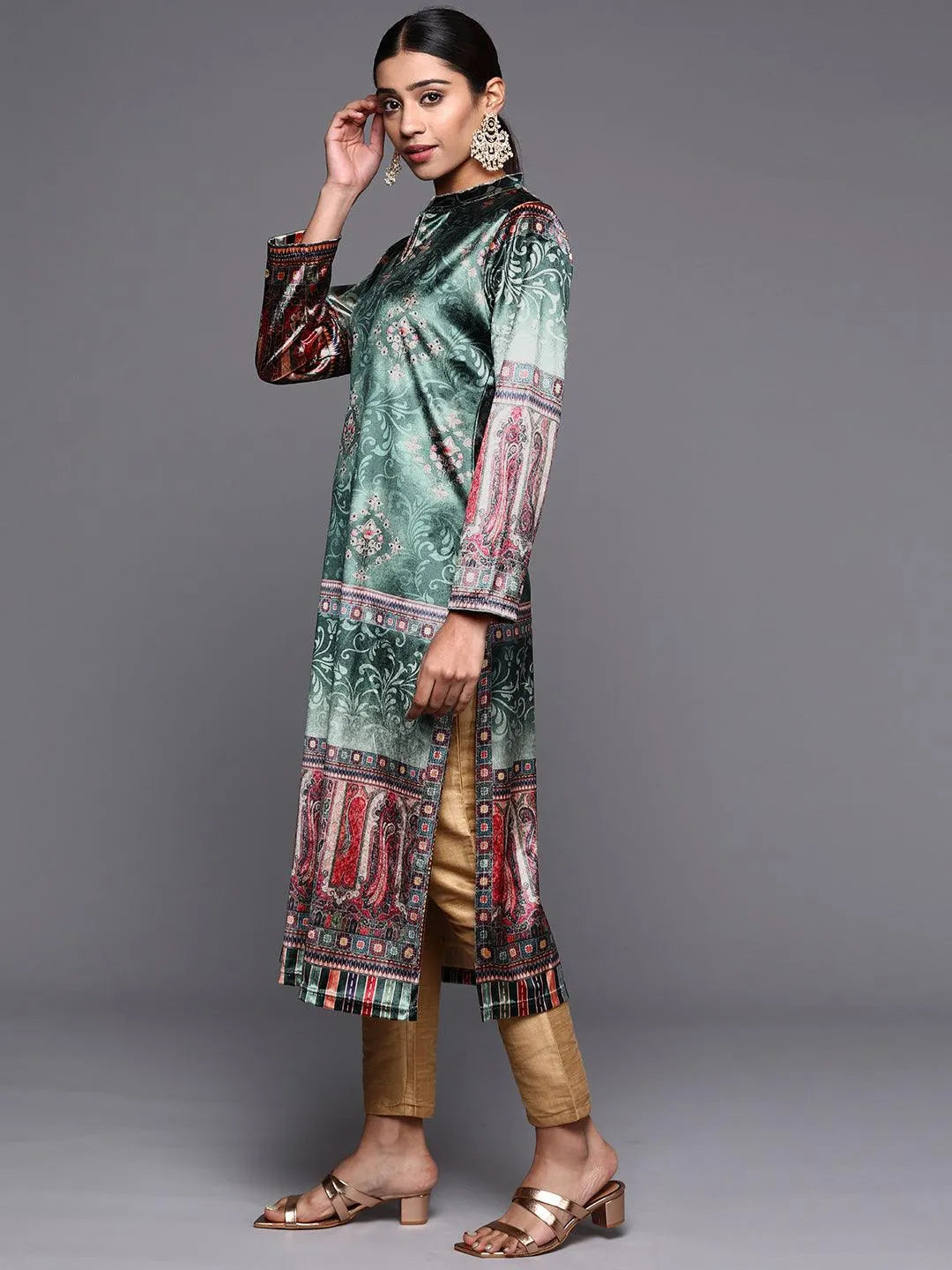 Green Printed Velvet Straight Kurta - Libas 