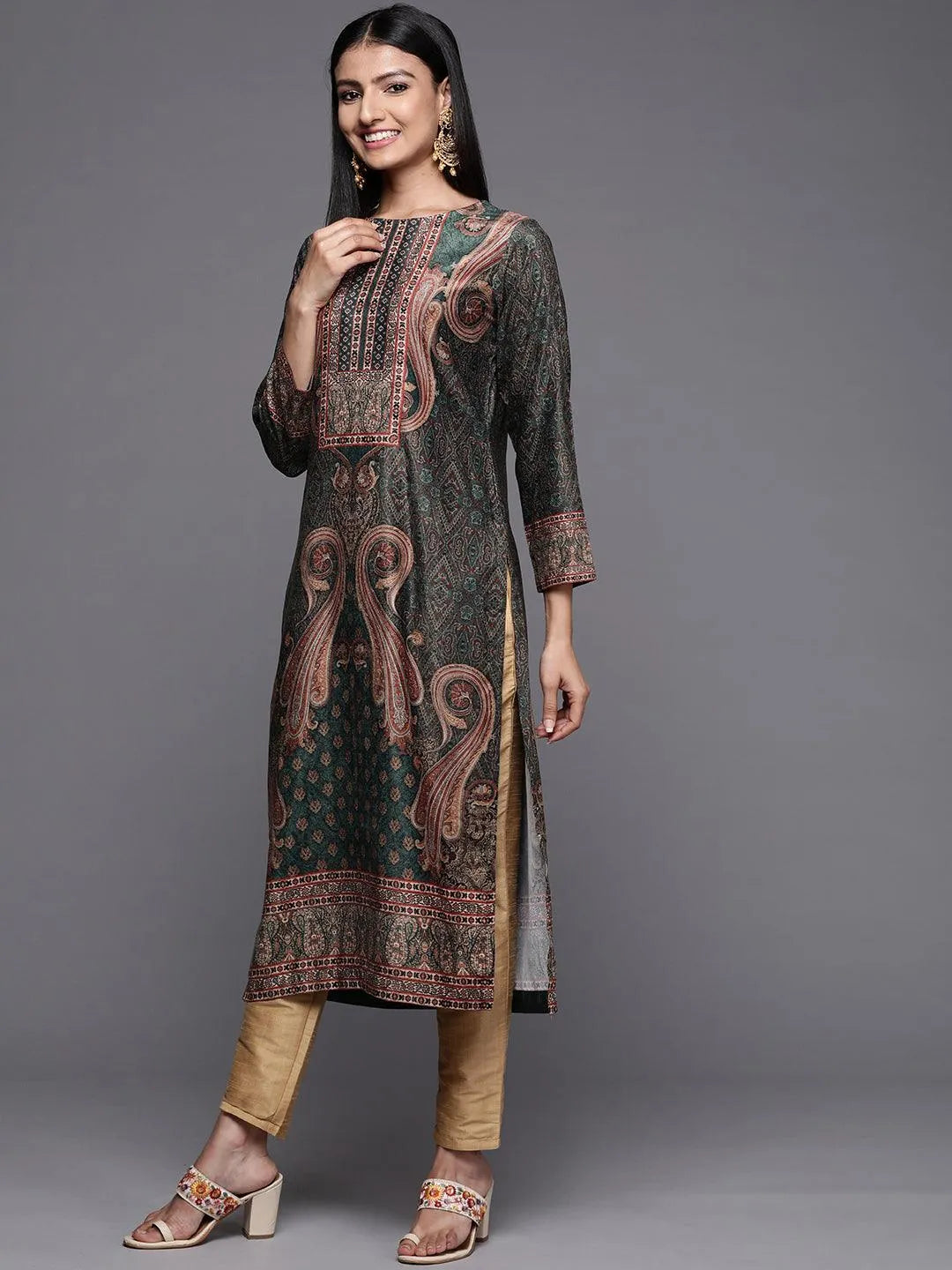 Green Printed Velvet Straight Kurta - Libas