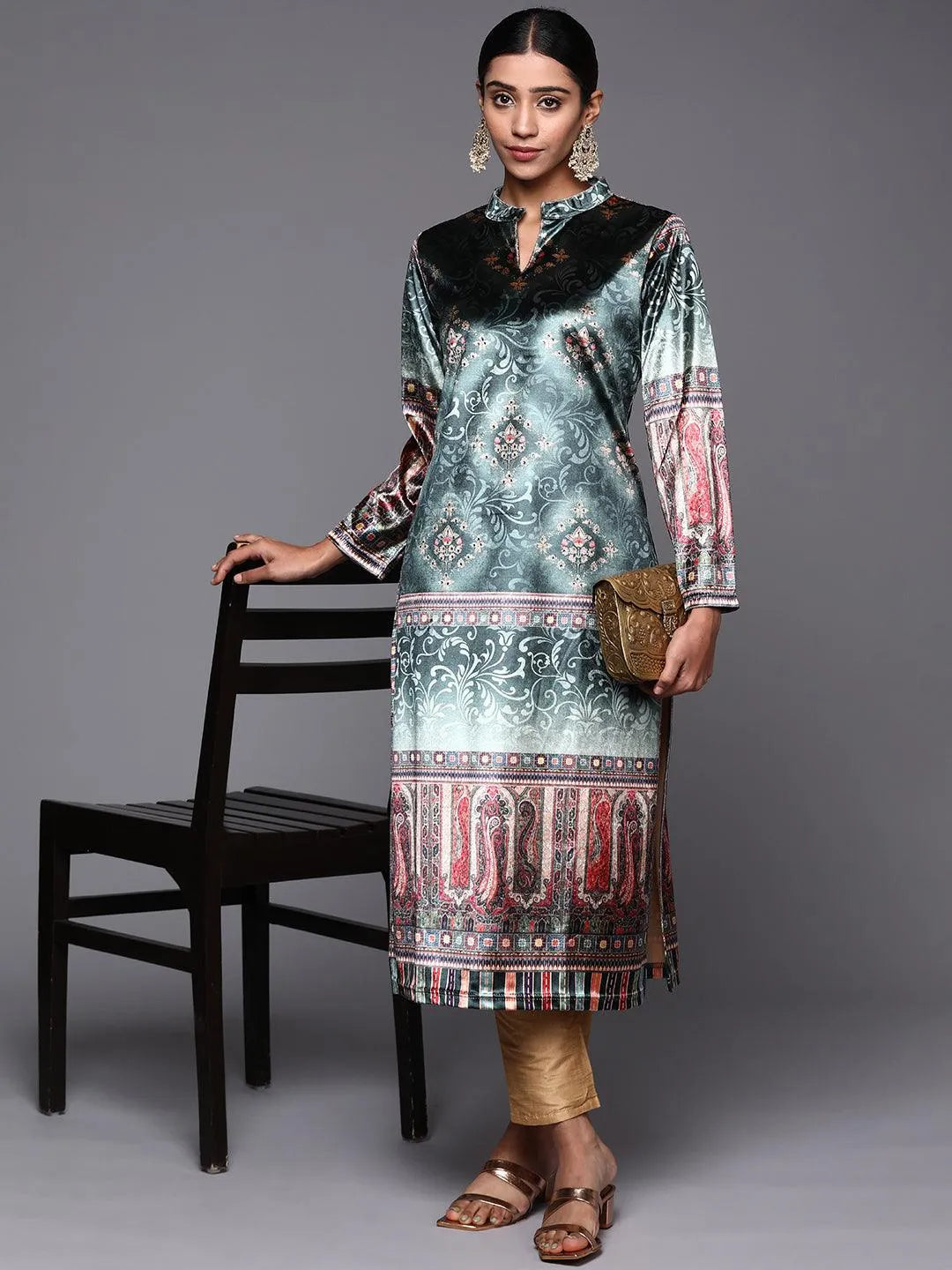 Green Printed Velvet Straight Kurta - Libas