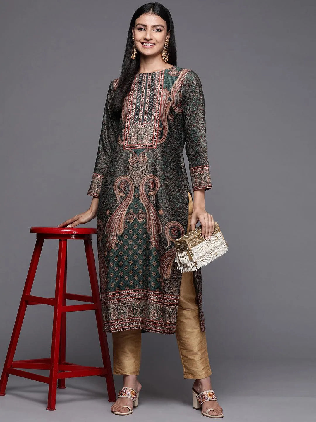 Green Printed Velvet Straight Kurta - Libas