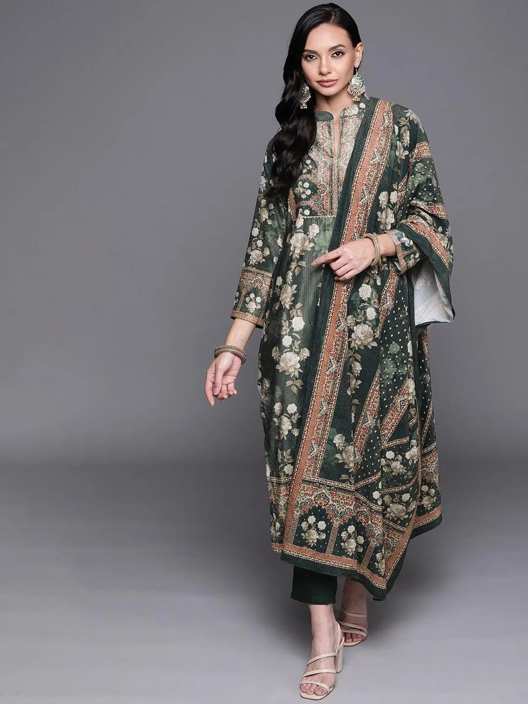 Green Printed Velvet Suit Set - Libas