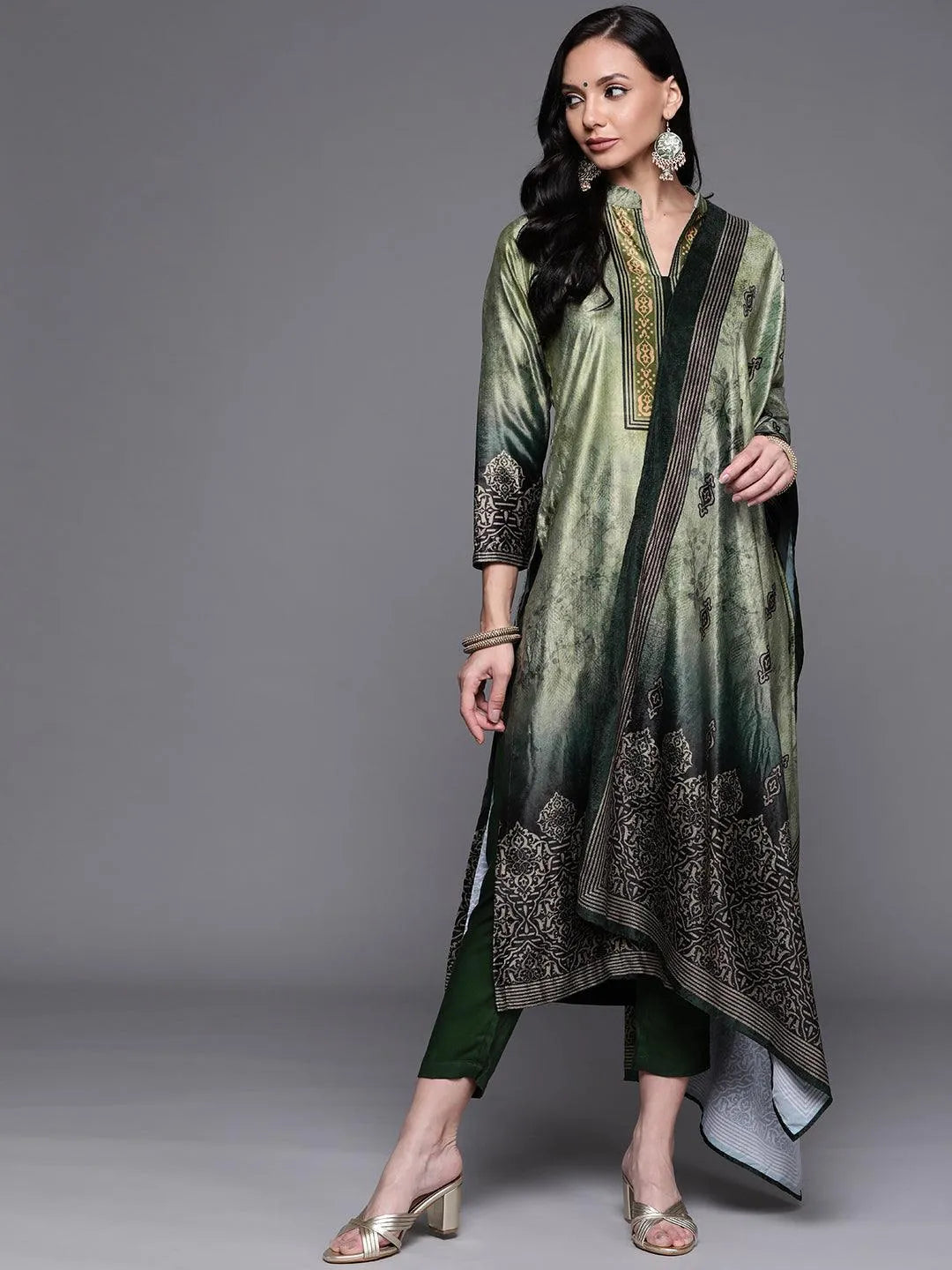 Green Printed Velvet Suit Set - Libas 