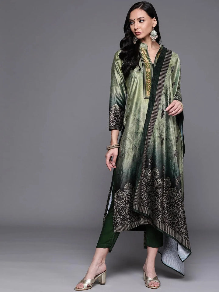 Green Printed Velvet Suit Set - Libas