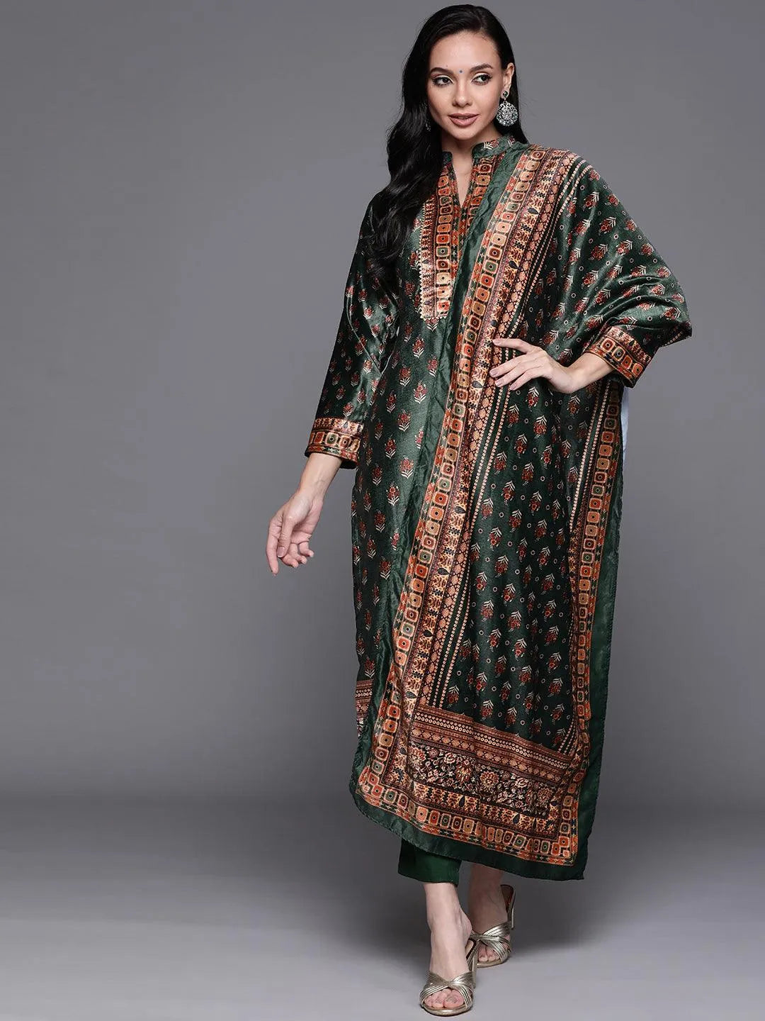 Green Printed Velvet Suit Set - Libas