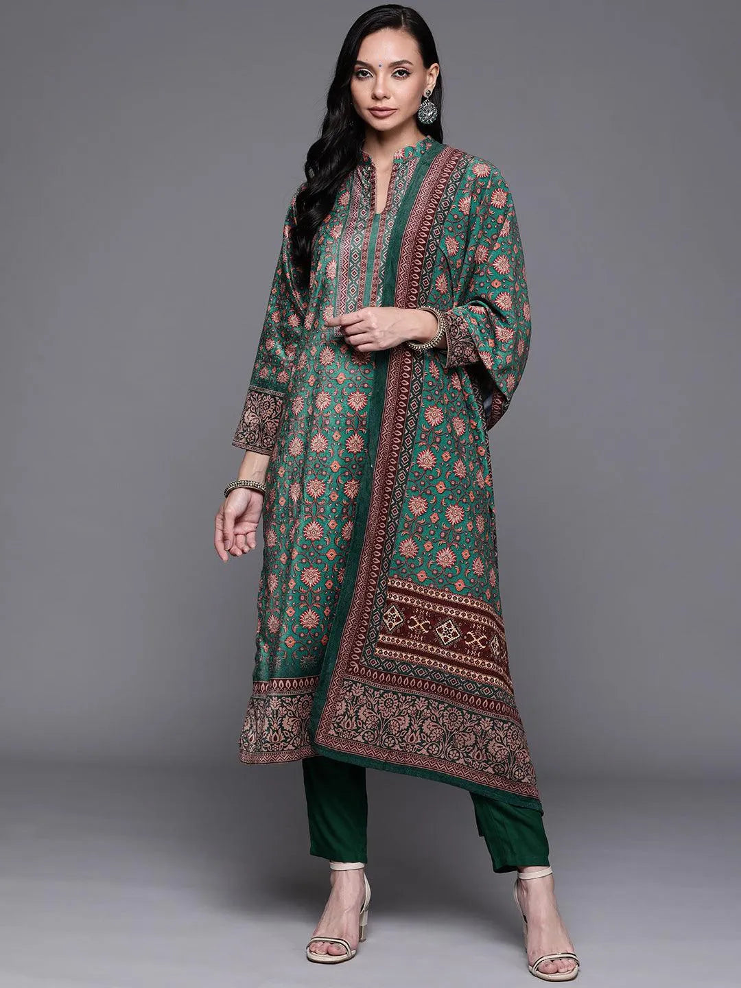 Green Printed Velvet Suit Set - Libas 