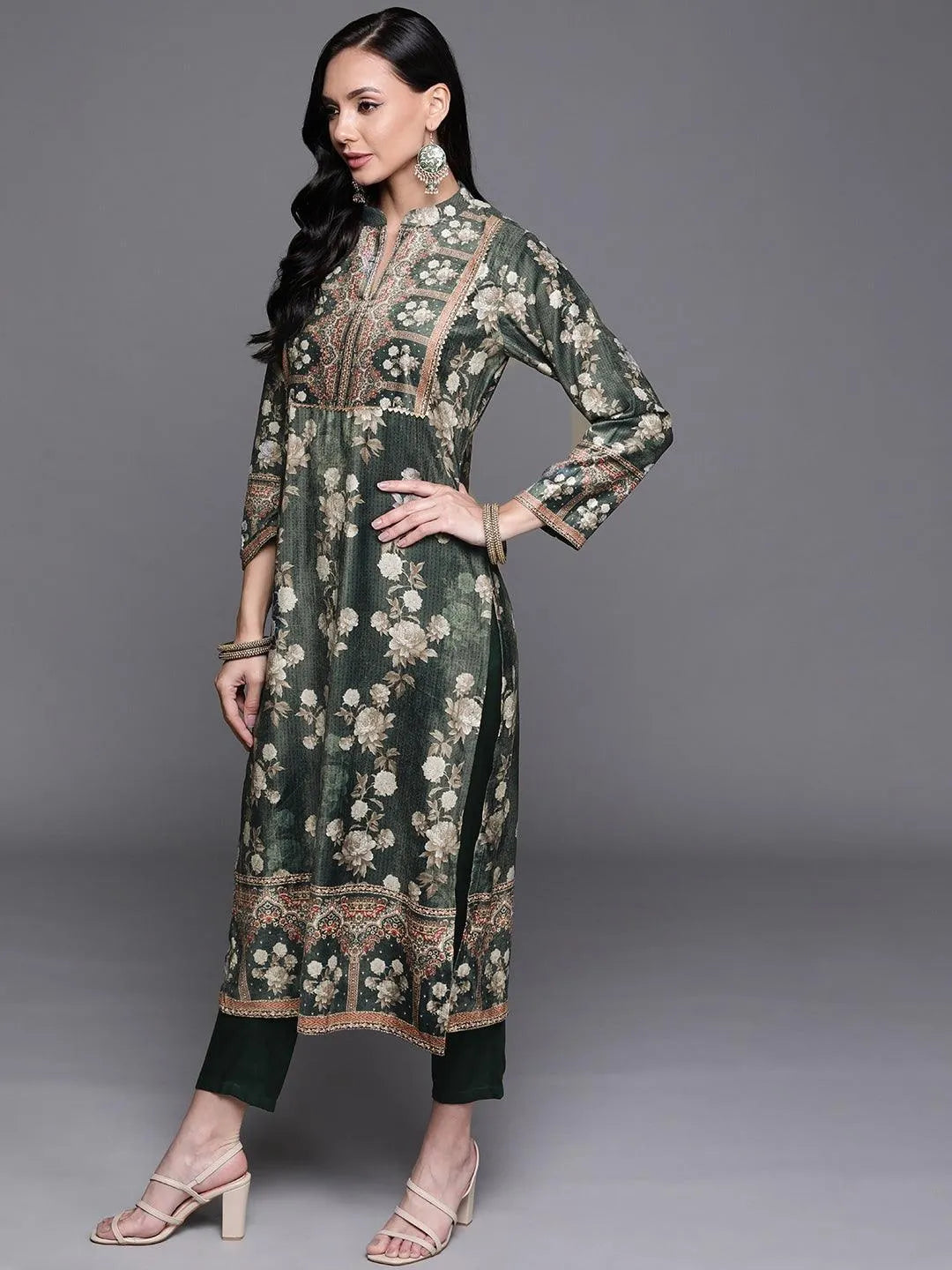 Green Printed Velvet Suit Set - Libas