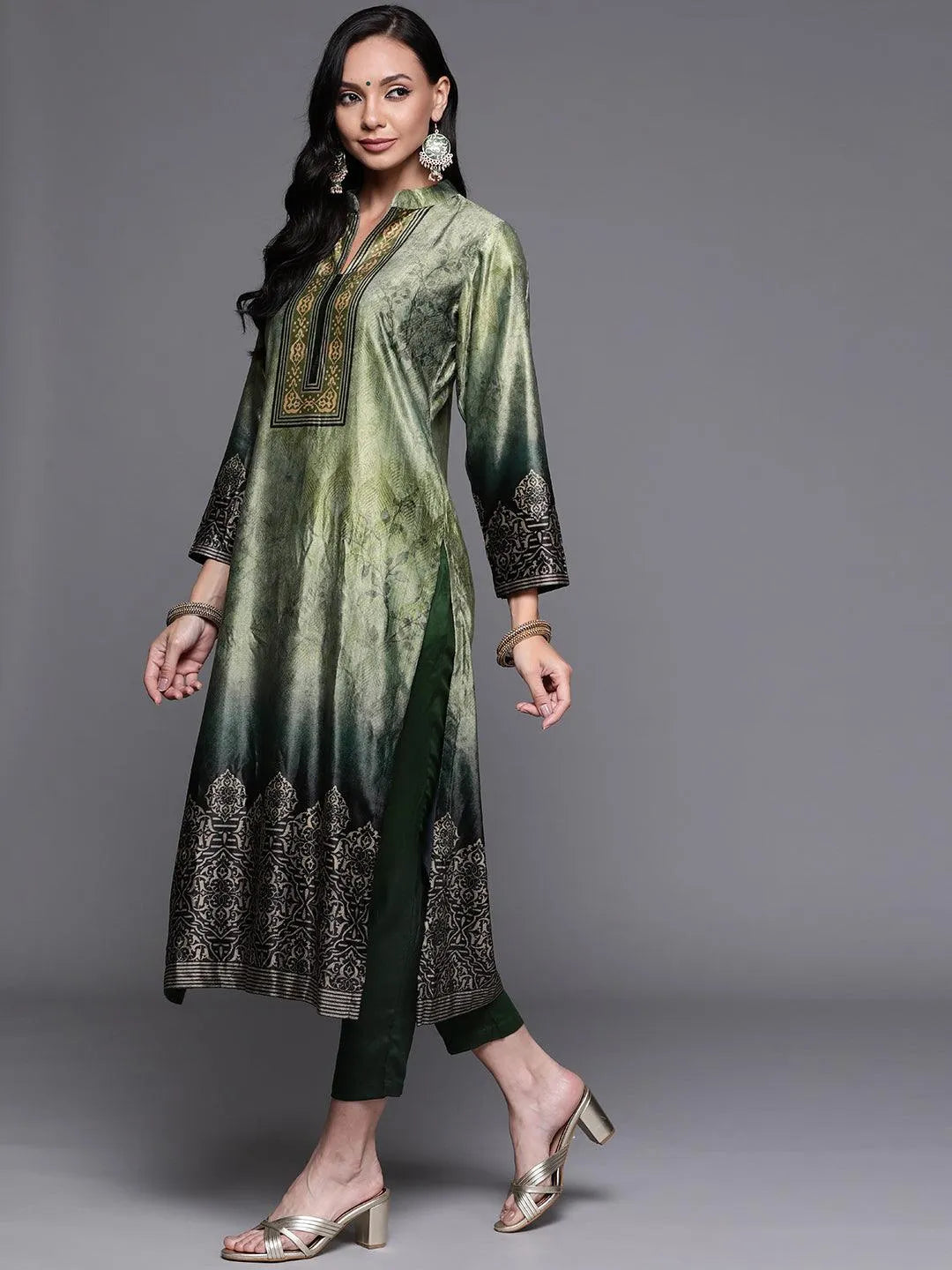 Green Printed Velvet Suit Set - Libas 