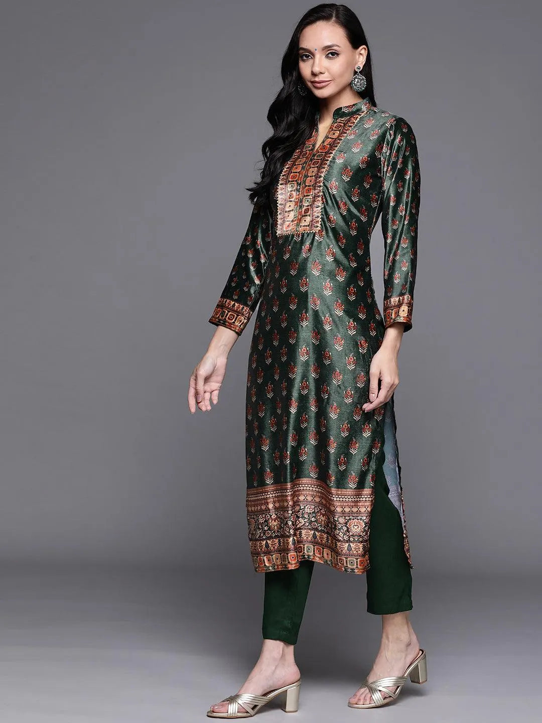 Green Printed Velvet Suit Set - Libas 