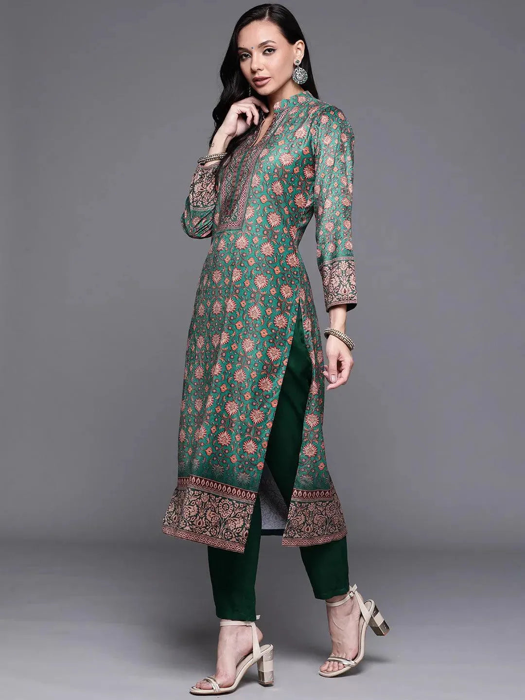 Green Printed Velvet Suit Set - Libas