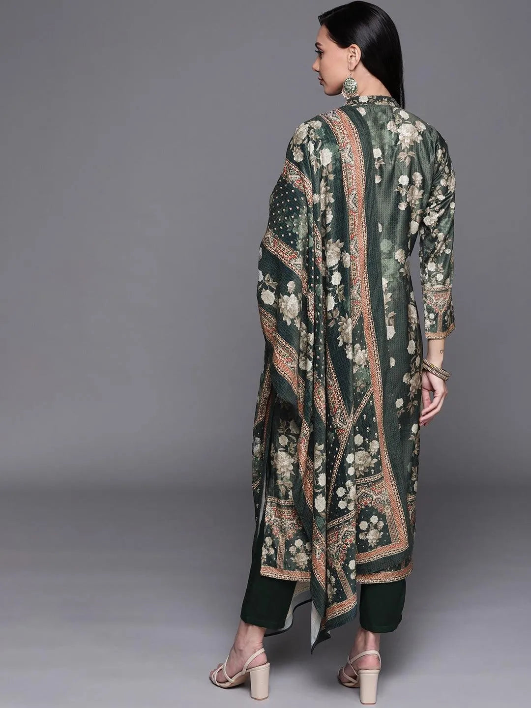 Green Printed Velvet Suit Set - Libas 