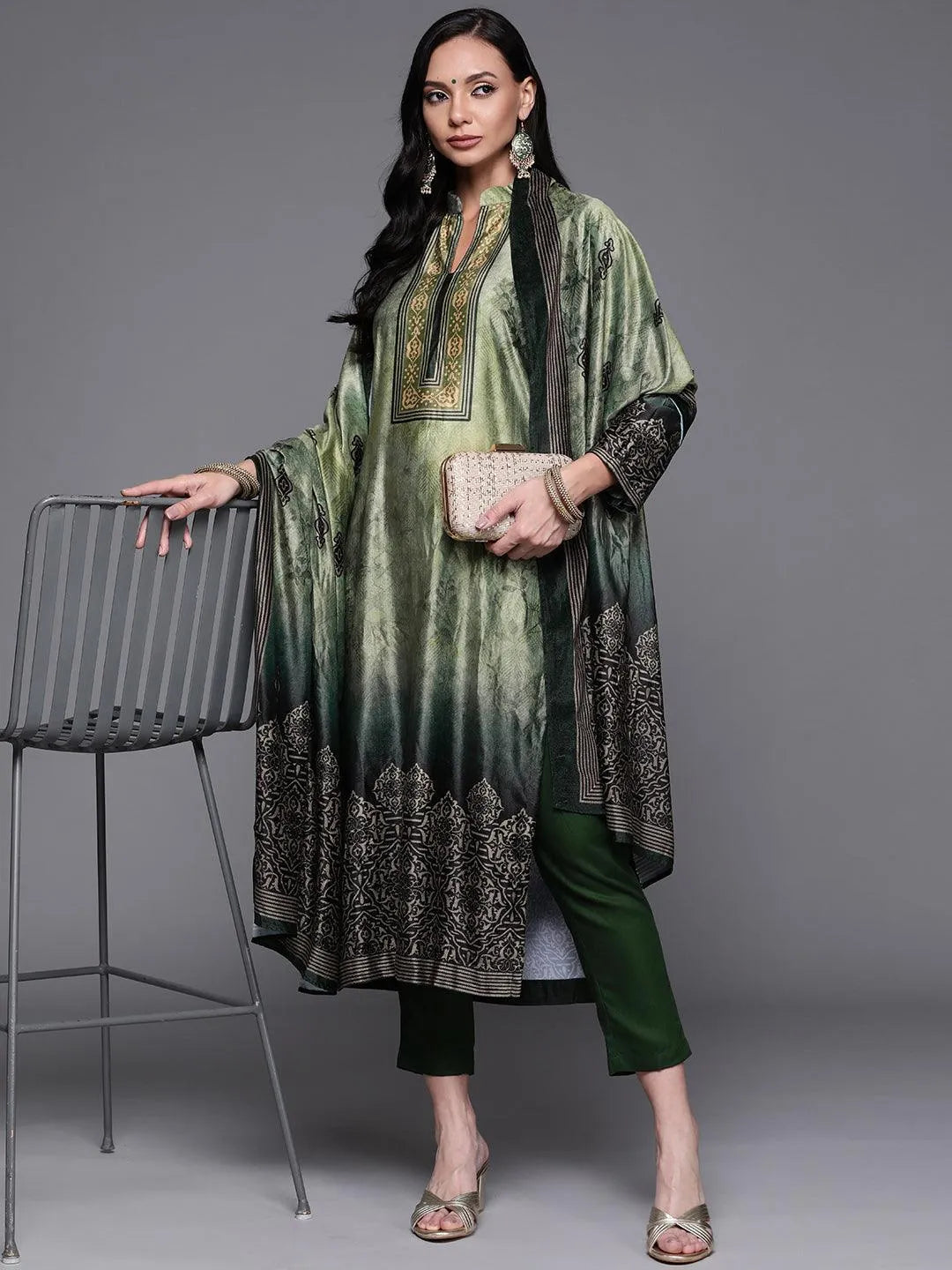 Green Printed Velvet Suit Set - Libas 