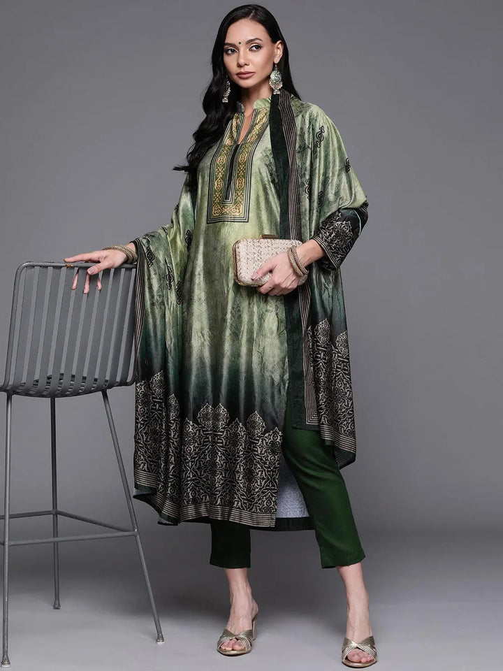 Green Printed Velvet Suit Set - Libas