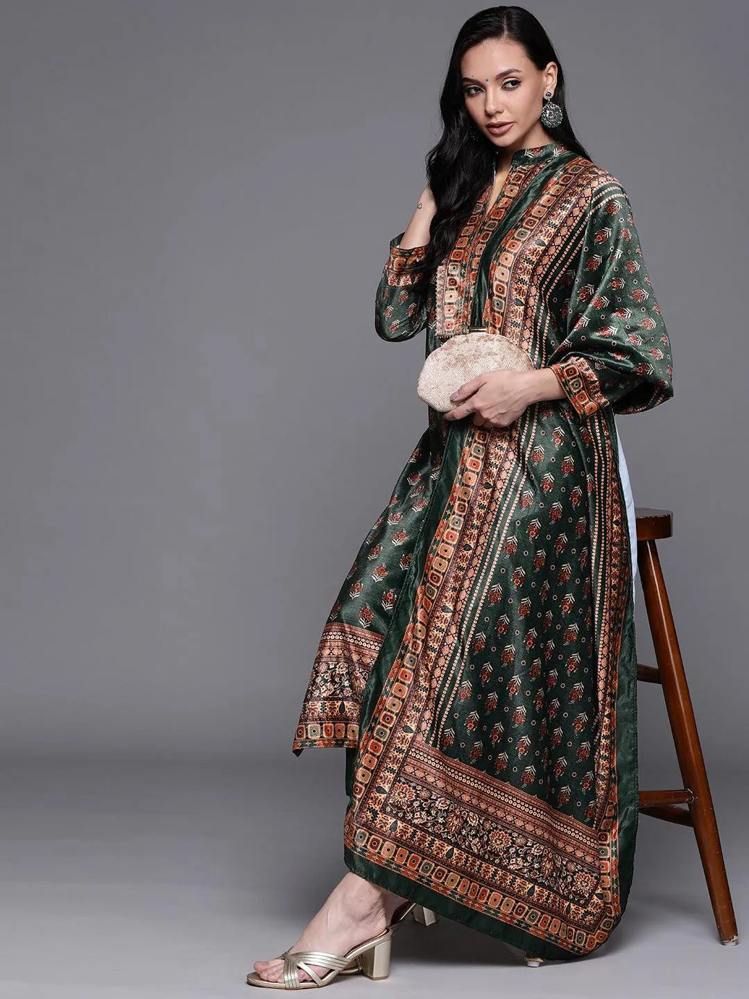 Green Printed Velvet Suit Set - Libas 