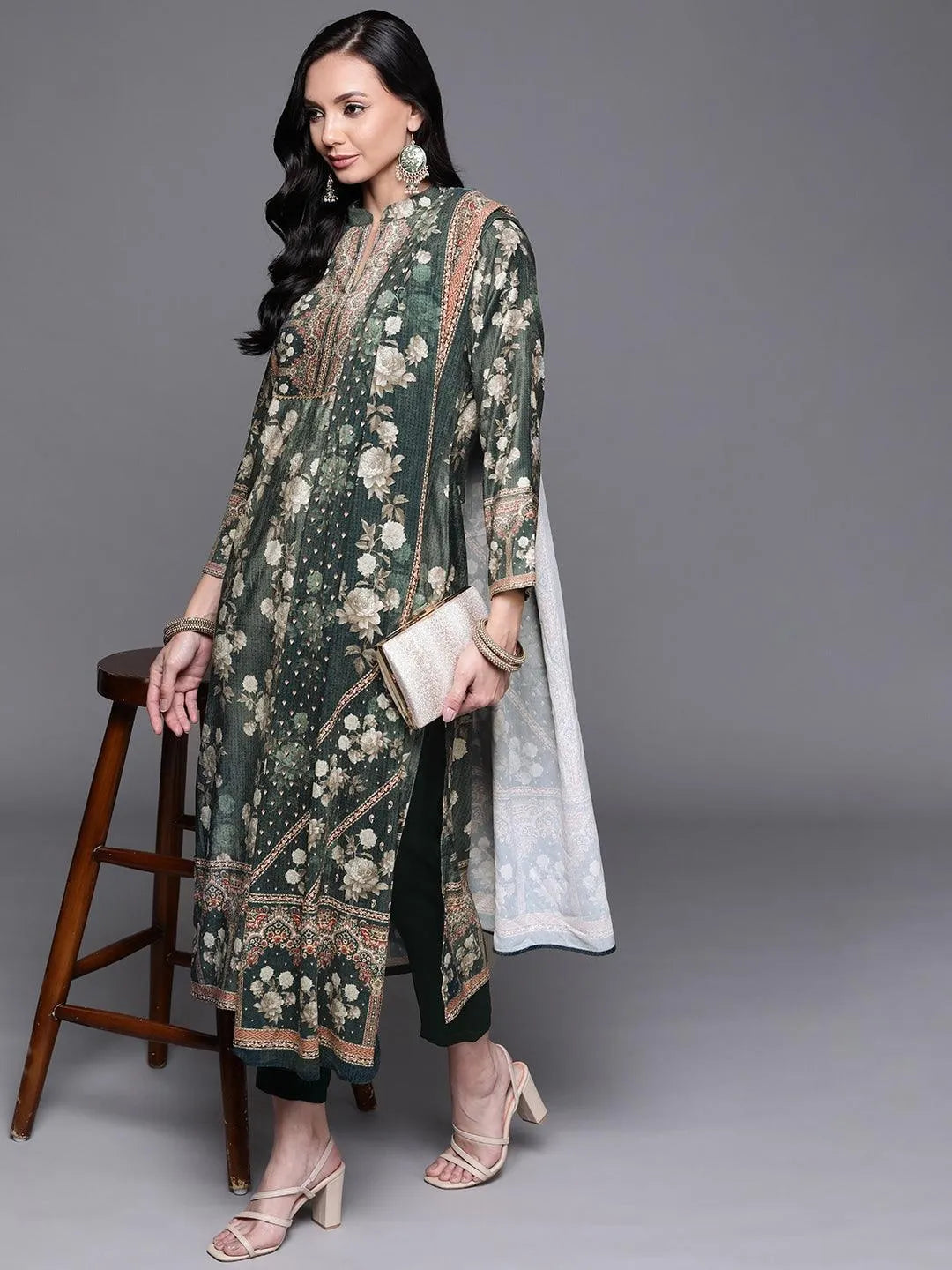 Green Printed Velvet Suit Set - Libas 