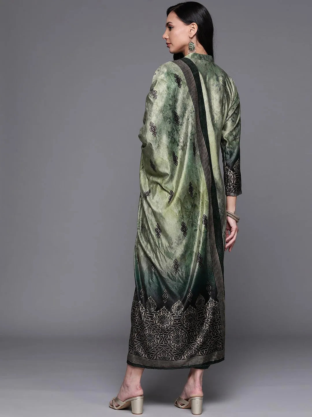 Green Printed Velvet Suit Set - Libas 