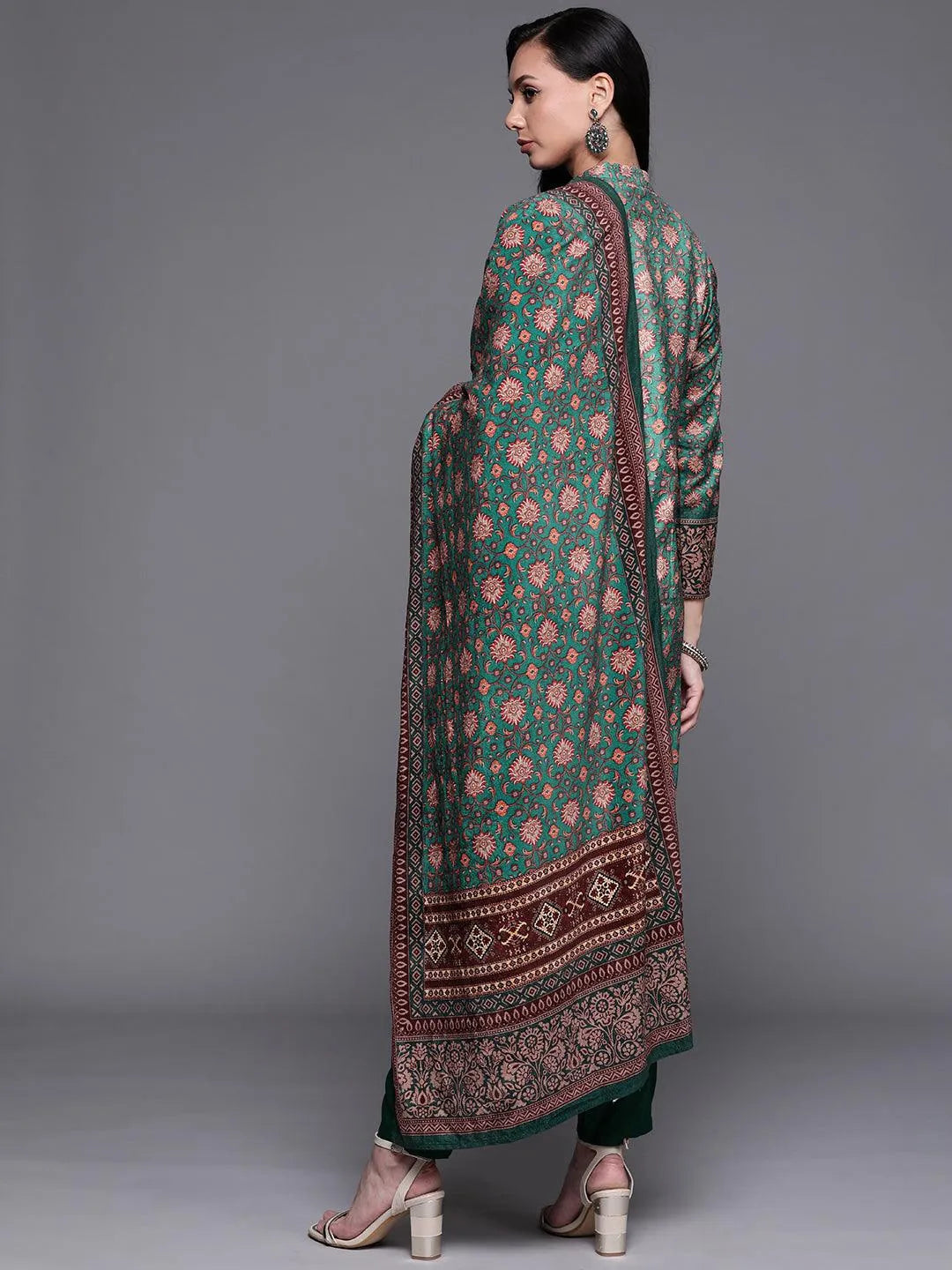 Green Printed Velvet Suit Set - Libas