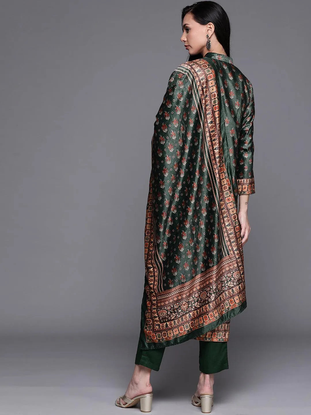 Green Printed Velvet Suit Set - Libas 