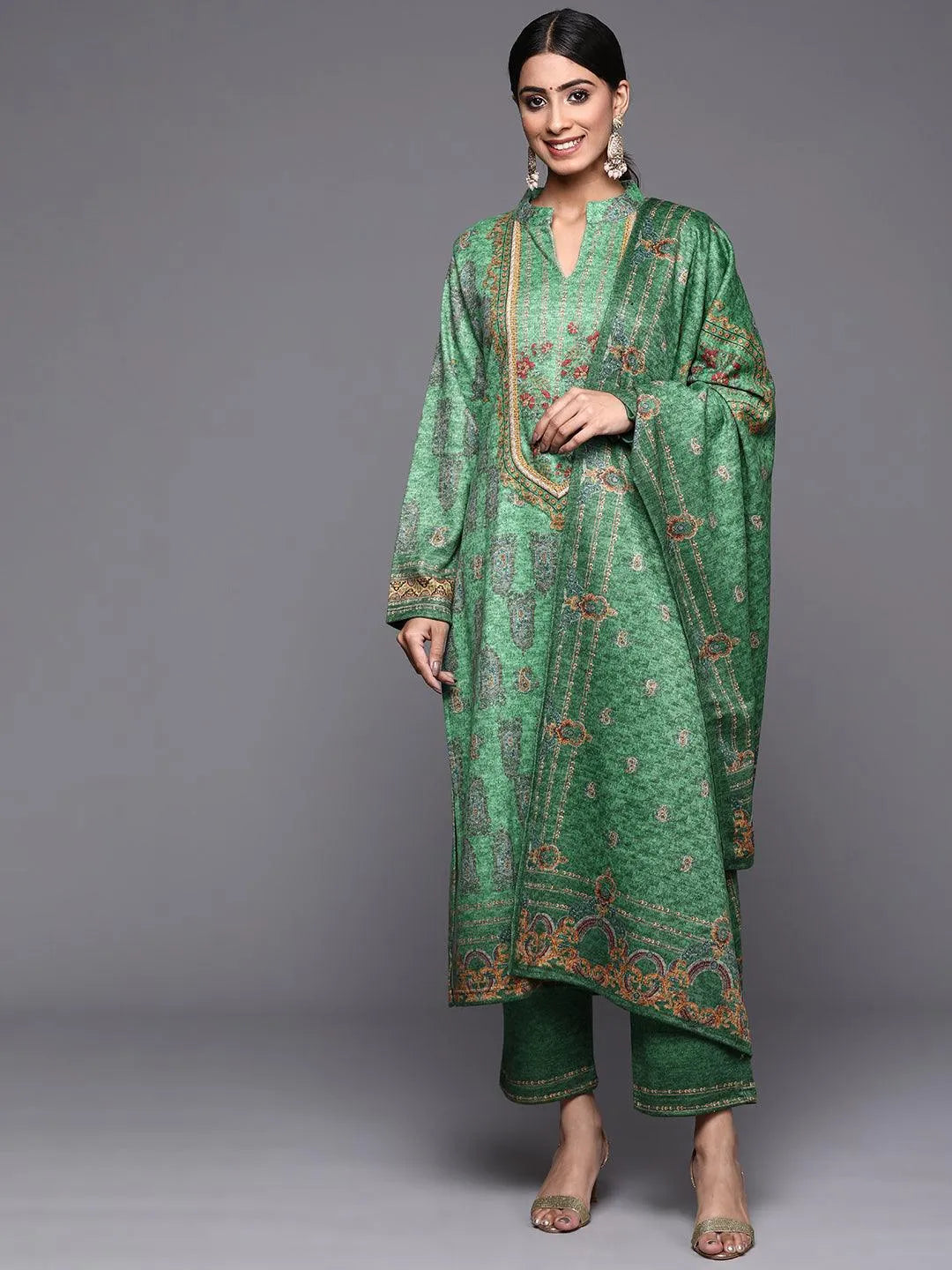 Green Printed Wool Straight Suit Set - Libas