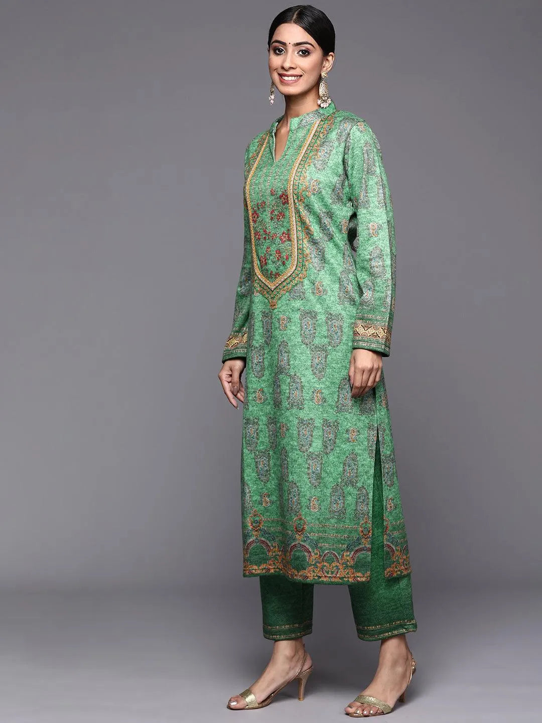 Green Printed Wool Straight Suit Set - Libas