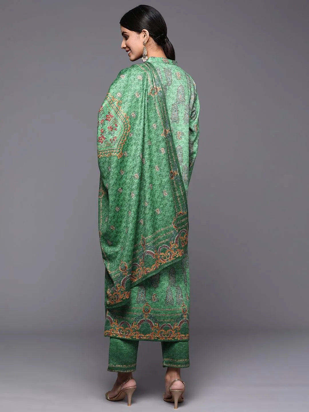 Green Printed Wool Straight Suit Set - Libas