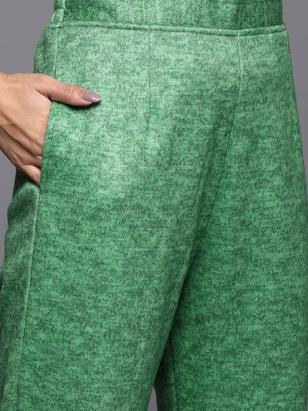Green Printed Wool Straight Kurta With Trousers & Dupatta