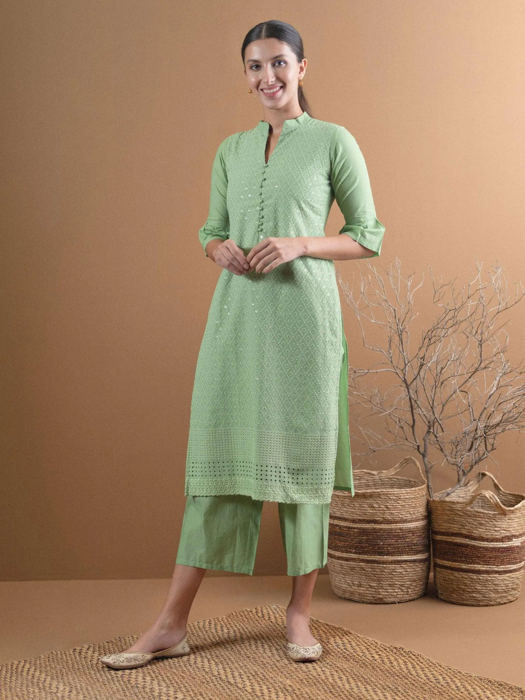 Green Schiffli Cotton Kurta Set - Libas