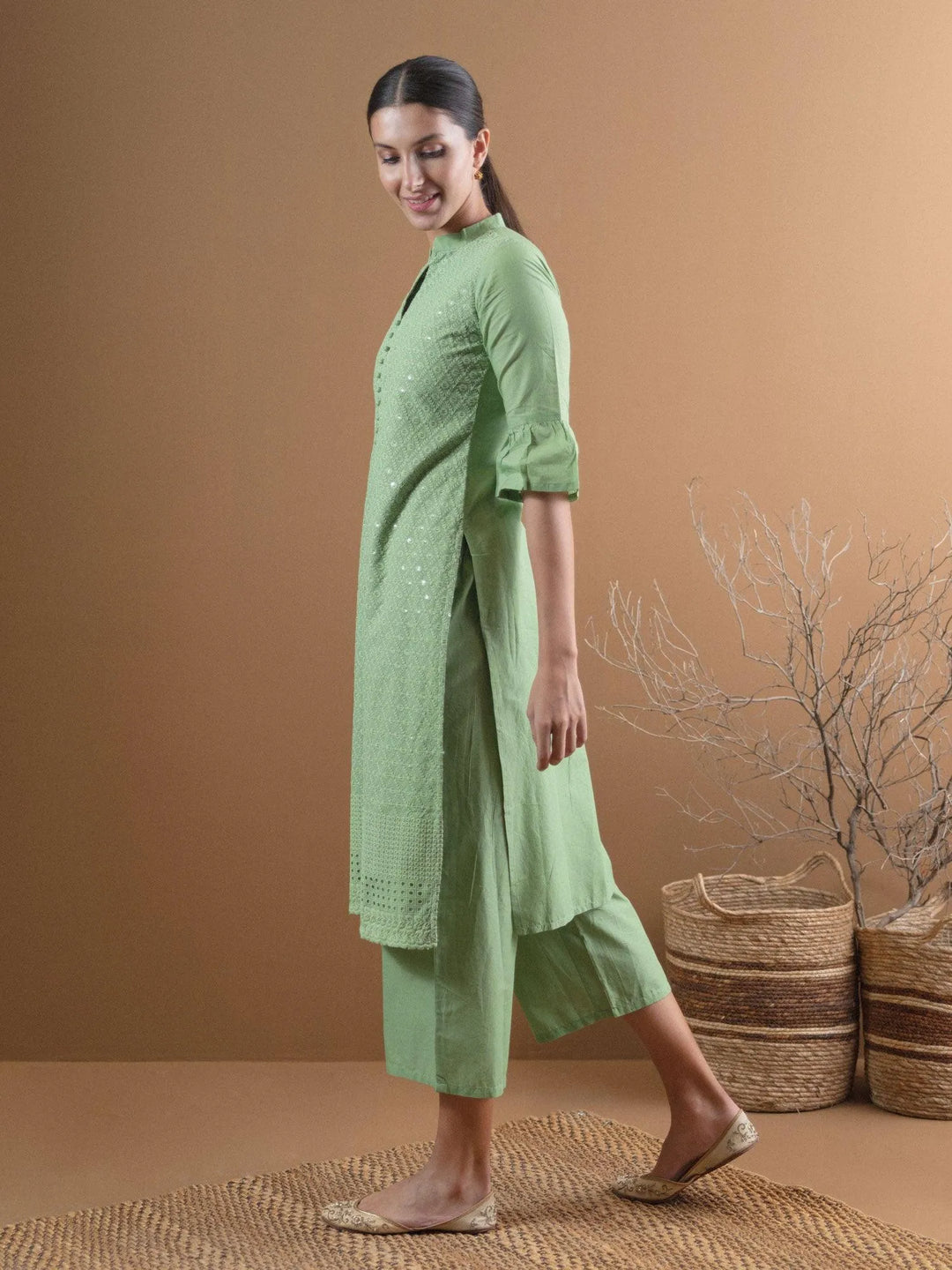 Green Schiffli Cotton Kurta Set - Libas