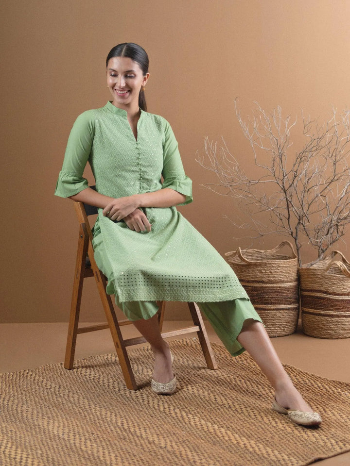 Green Schiffli Cotton Kurta Set - Libas