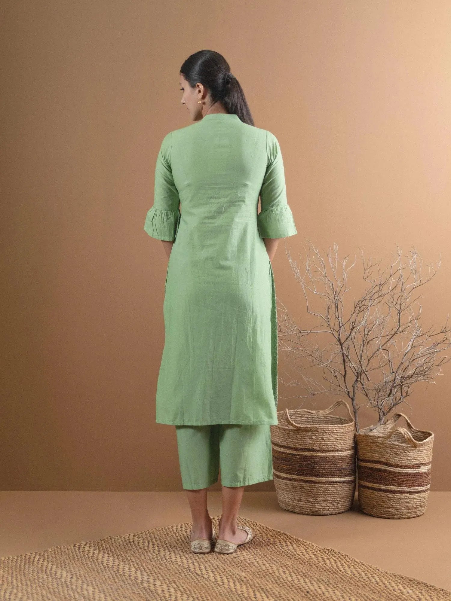 

Green Schiffli Cotton Straight Kurta With Palazzos