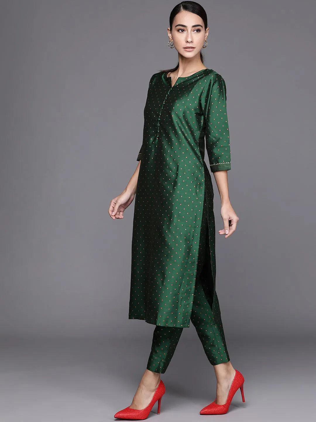 Green Self Design Art Silk Suit Set - Libas 