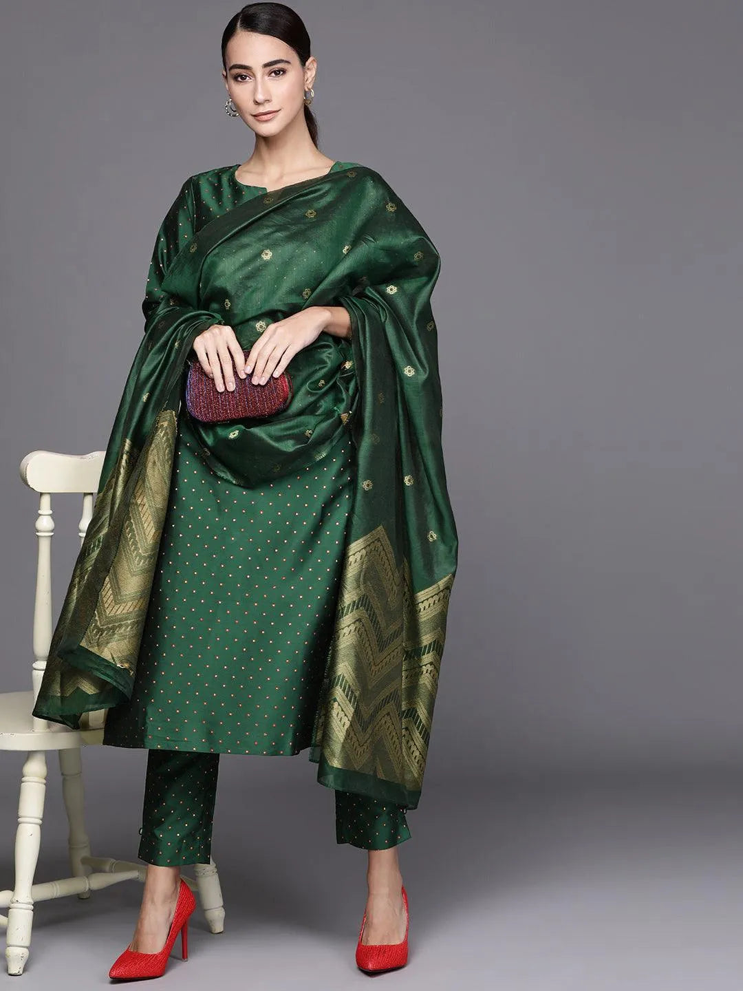 Green Self Design Art Silk Suit Set - Libas 