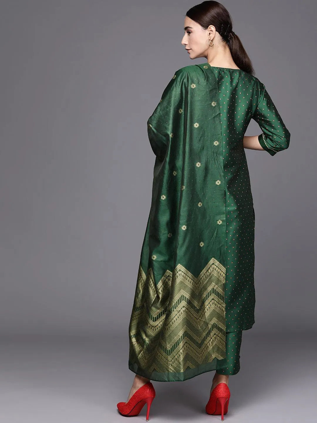 Green Self Design Art Silk Suit Set - Libas 