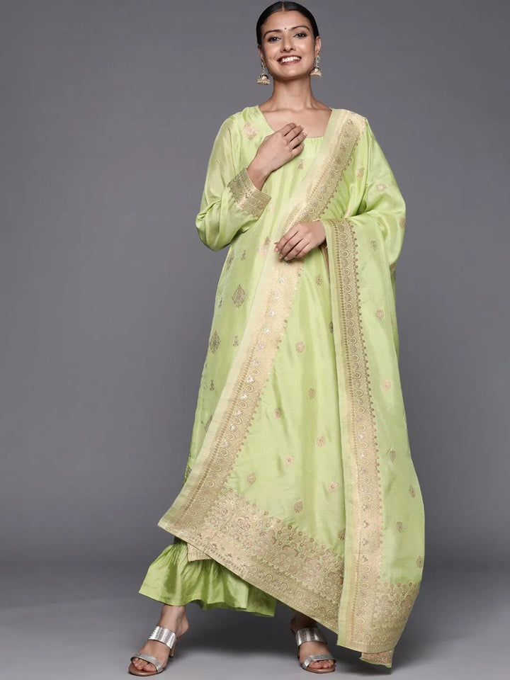 Green Self Design Chanderi Silk Straight Suit Set - Libas