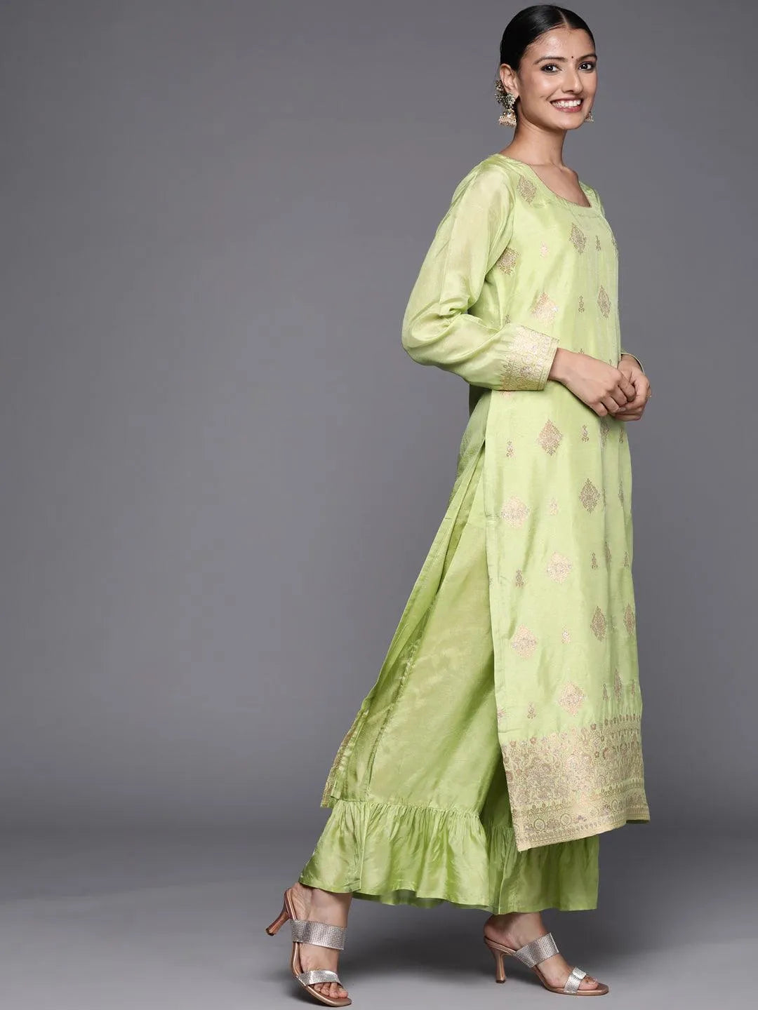 Green Self Design Chanderi Silk Straight Suit Set - Libas 