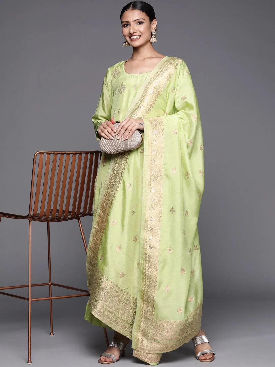 Green Self Design Chanderi Silk Straight Suit Set - Libas 